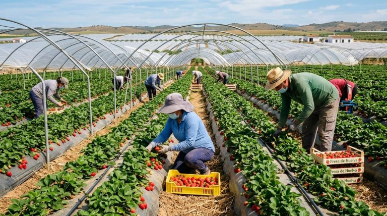 Spain strawberry harvesting polytunnel agricultural fields in Huelva with harvest workers