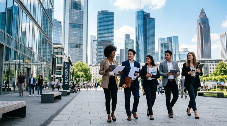 Diverse international professionals in Frankfurt modern business district holding job documents