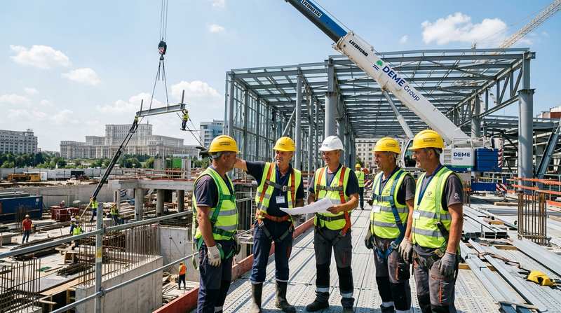 European civil infrastructure construction engineering team in Bucharest Romania with safety vests and architectural steel cranes